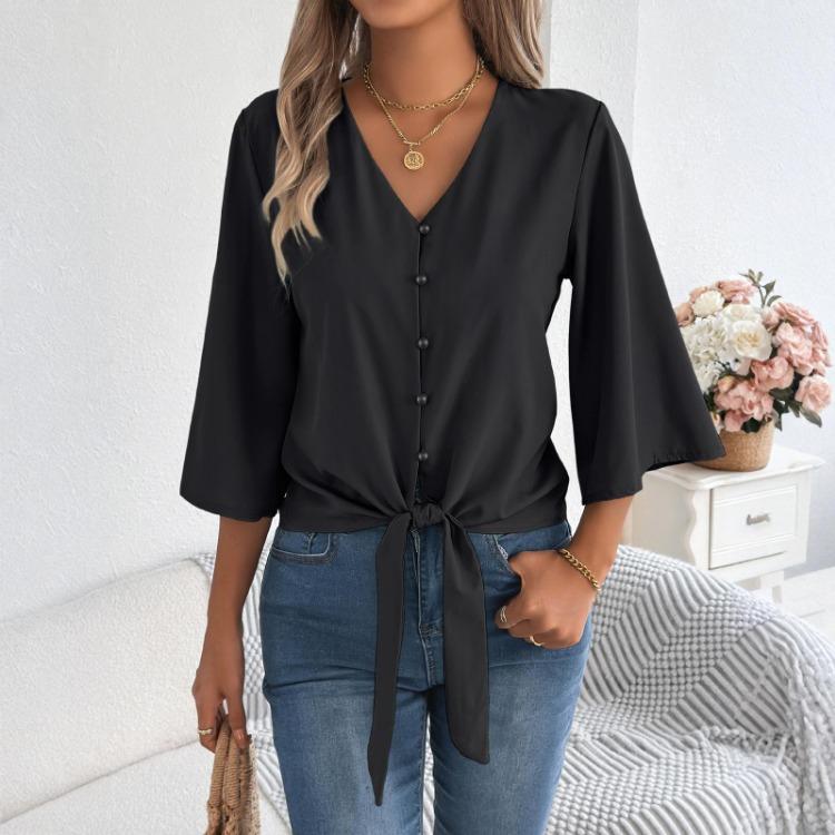 Damen Chiffon Bluse Lässig V-Ausschnitt Dreiviertelarm Knopfleiste Knoten Front Top