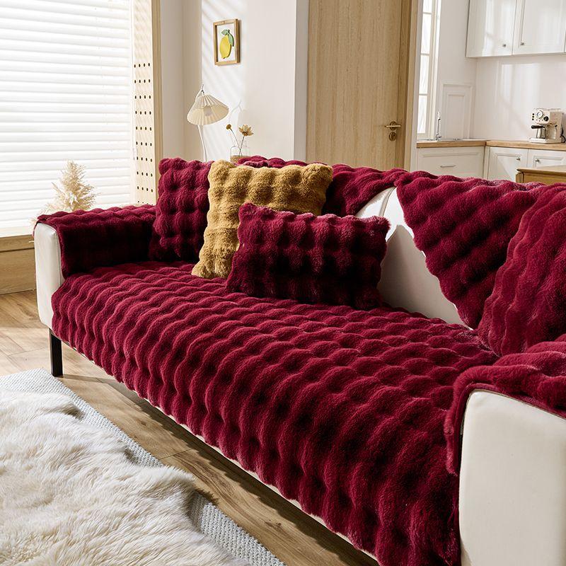 Solid Color Sofa Cushion, Pet Friendly Sofa Cover, Plush Sofa Protector, Thickened Winter Plush Pad Protector with Rabbit Hair Touch and Bubble Stripe