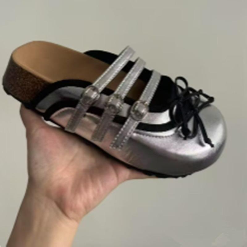 

Мода Мода Баотоу Тапочки Лето Новые Круглый Носок Неглубокий Вырез Бант-бабочка Металлическая Пряжка Средний каблук Плоская обувь 40 серебряный