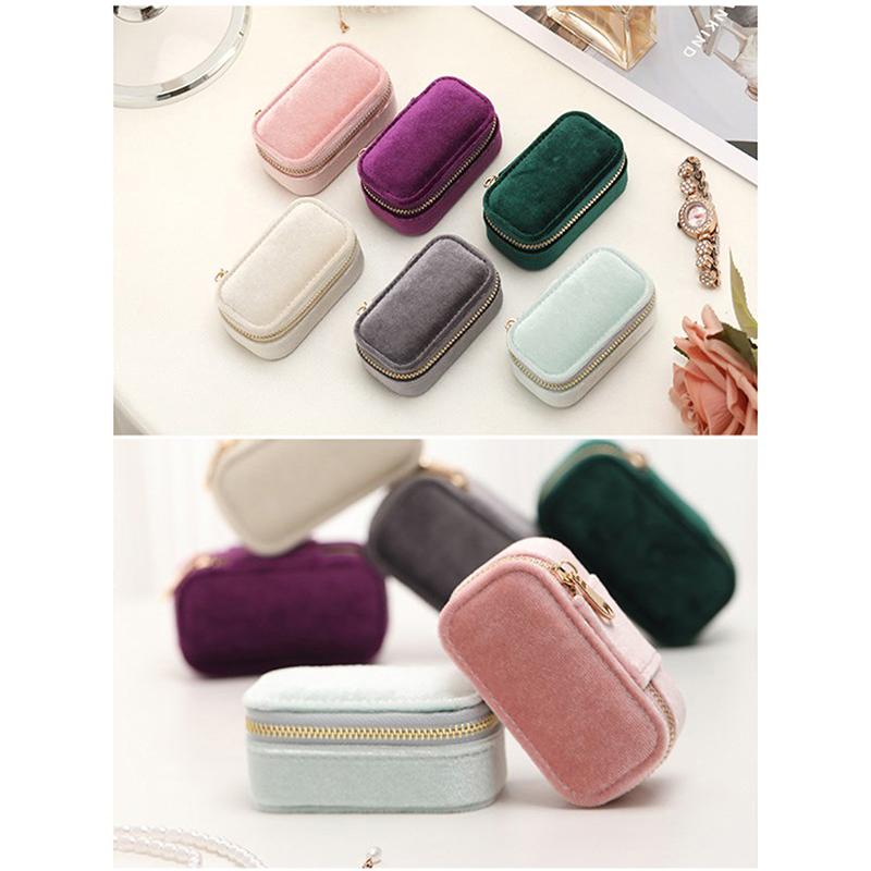 1Pcs Mini Velvet Ring Box Jewelry Storage Case Single Layer Earrings Necklace Organizer Candy Color Zipper Bag Travel Portable