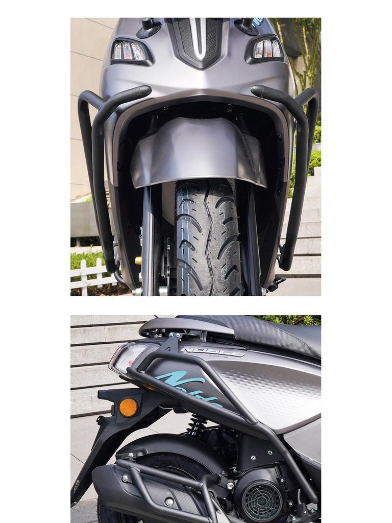 Qianjiang Qiaoyue 110 Front & Rear Bumper Guard, Exhaust Pipe Guard, Backrest, and Luggage Rack Accessories.