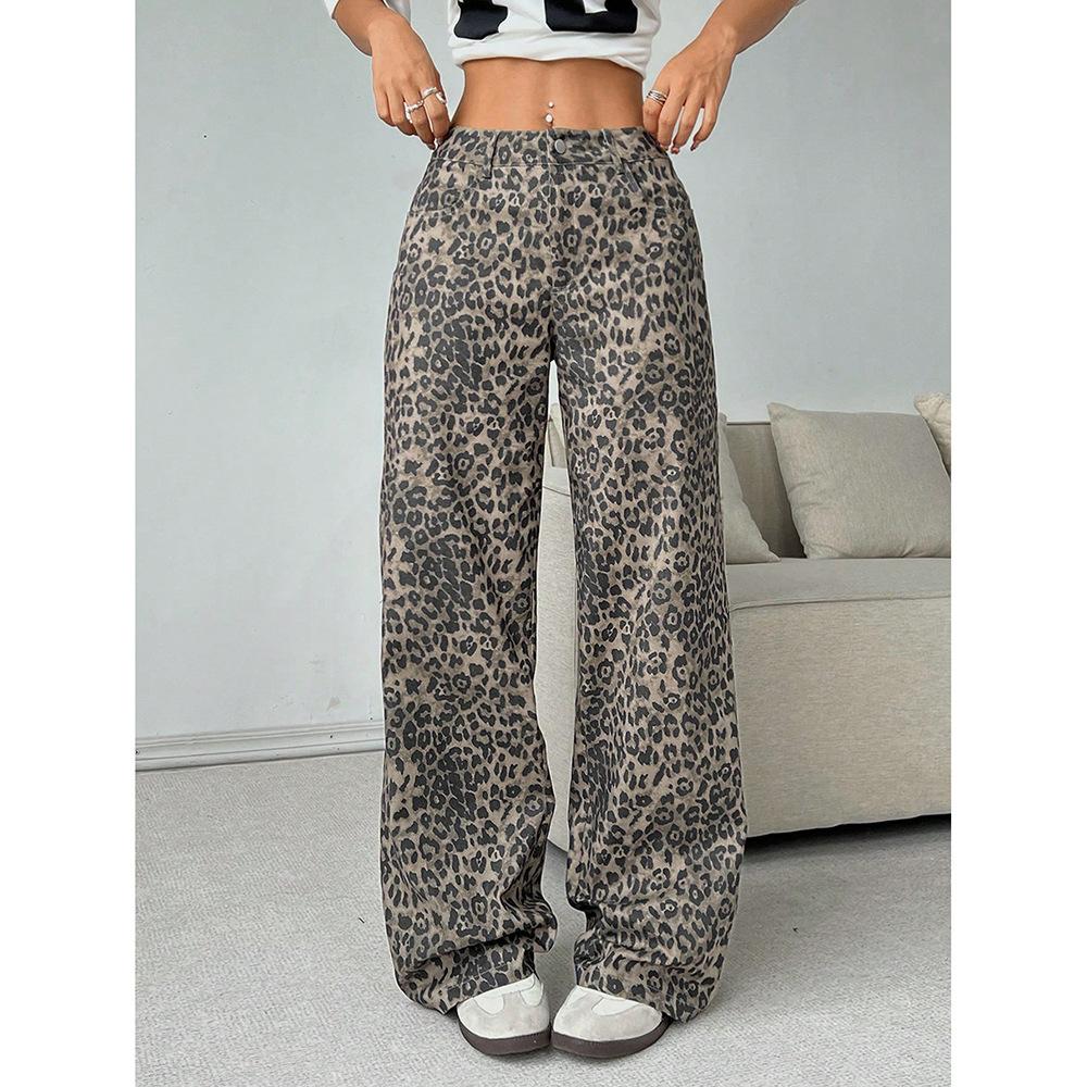 Retro Wash Leopard Print Casual Pants for Women Straight Loose Loose Slimming Wide-leg Pendant Trousers