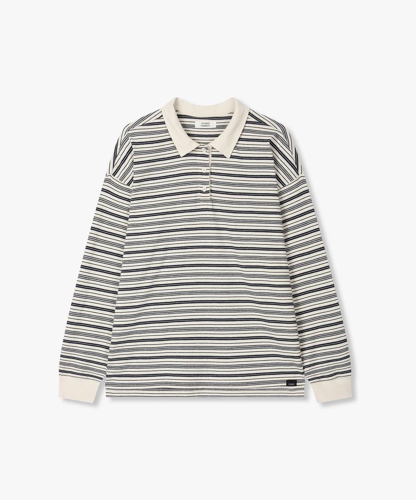 STUDIO TOMBOY Striped Cotton Polo Shirt_Ivory 9176122977