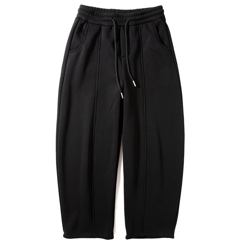 Fleece-Lined Casual Pants for Men, Winter Loose Fit, Elastic Waist with Drawstring, Lazy Style, Straight Loose Fit, Simple Versatile Drapey Long Pants Black M