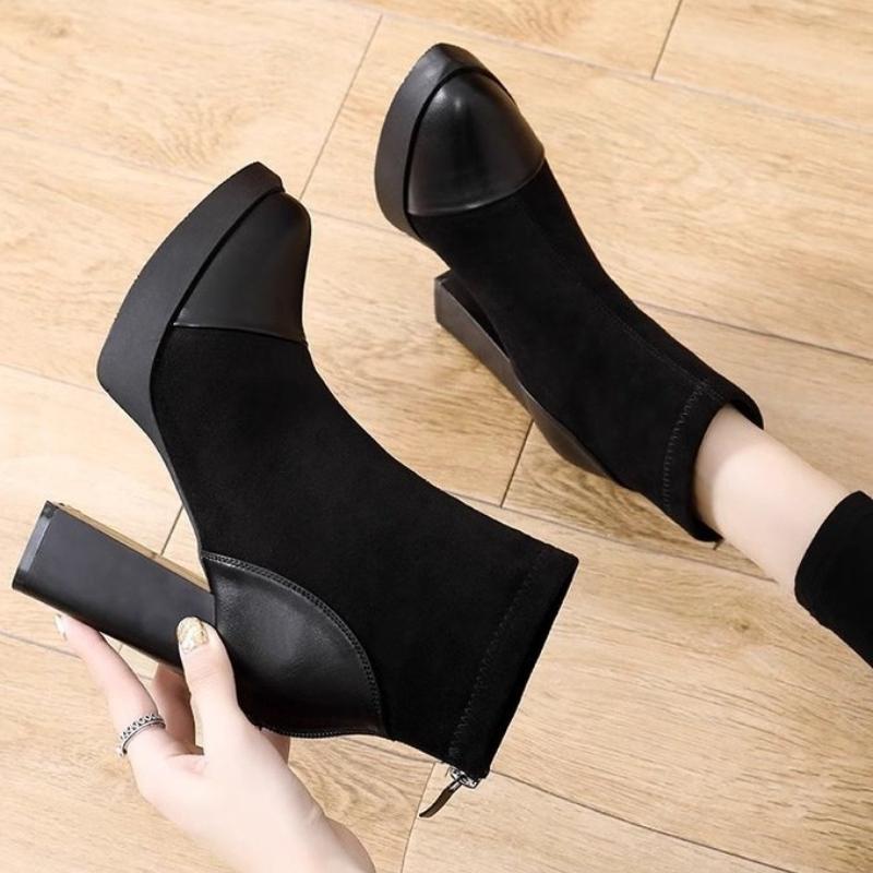 2026 Shoes for Women Ankle Women's Boots Platform Modern Boots Women Flock Back Zip Pointed Toe Chunky High Heels Shoes Female