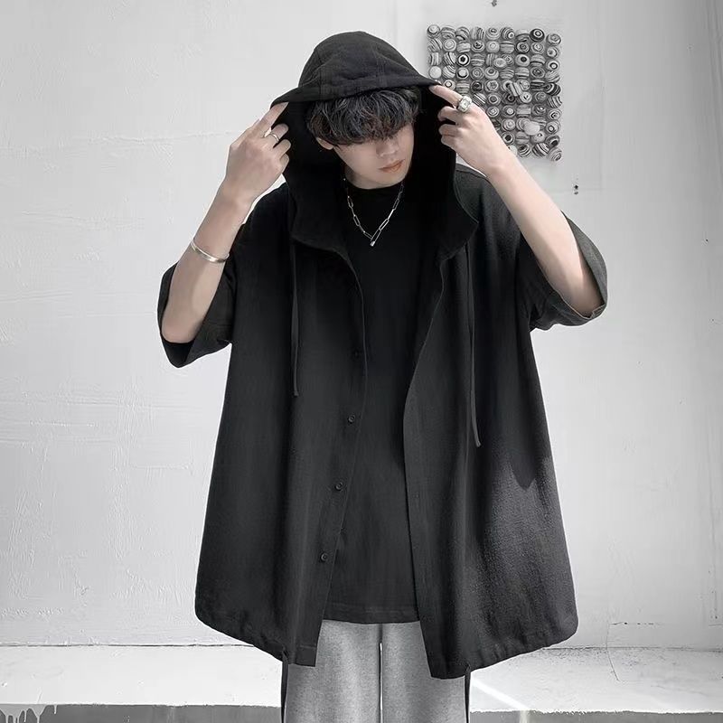 Summer Vintage Oversized Harajuku Shirt Men Casual Loose Hooded Blouse All Match Fashion Streetwear Male Clothes