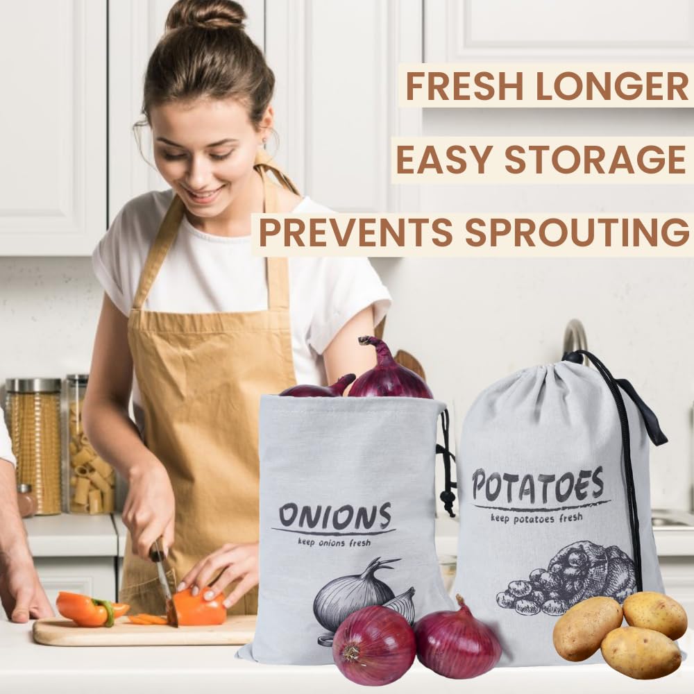 Reusable Onion Potatoes Storage Bag Large Drawstring Canvas Storage Bags With Side Zipper Keep Fresh Vegetable Fruit Organizer
