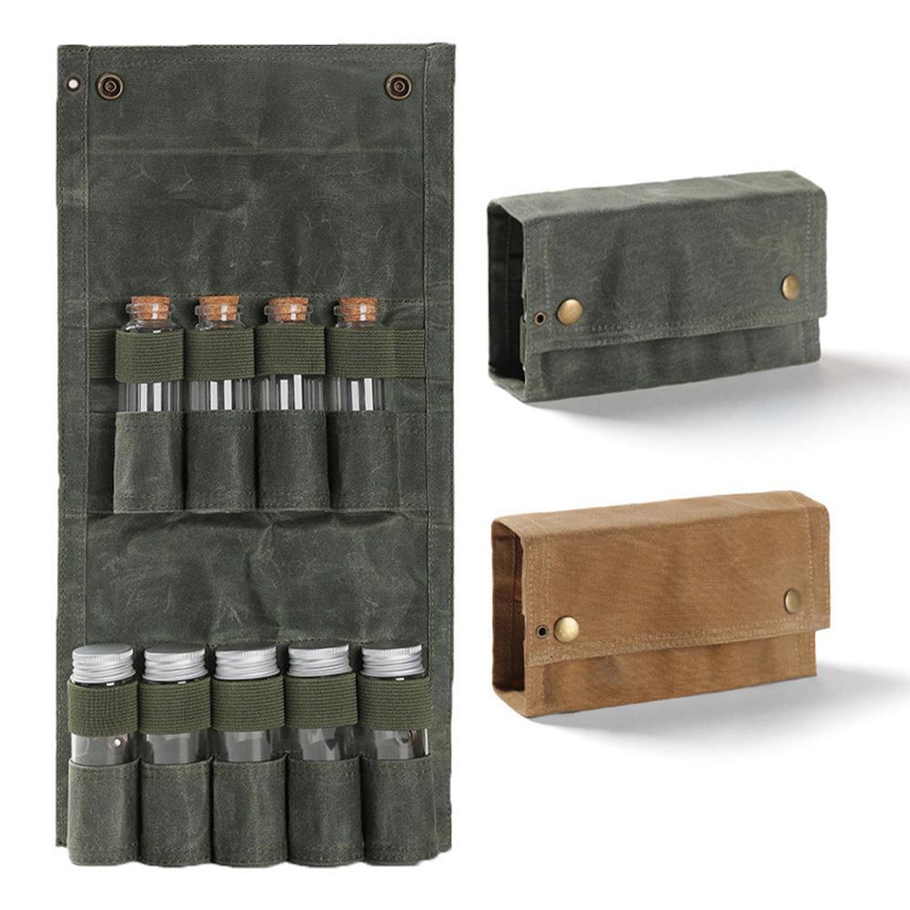 9pcs Spice Jar Set Food Seasoning Bottle Condiment Container With Canvas Pouch Holder For Outdoor Camping Picnic Kitchenware Accessory.