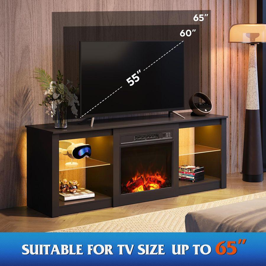 58 Inches Fireplace TV Stand with LED Lights, Modern Entertainment Center with 18 Electric Fireplace Amp Adjustable Glass Shelve