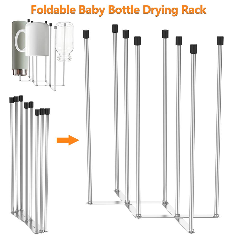 Foldable Baby Bottle Drying Rack Stainless Steel Vertical Cup Storage Rack Universal Kitchen Utensil Drain Rack for Countertop