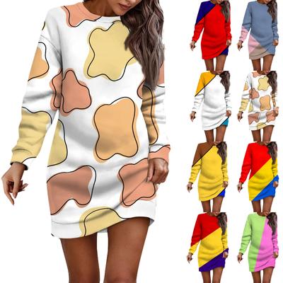 Damen Pulloverkleid mit Rundhalsausschnitt, geometrischem Muster, langen Ärmeln und Hüftwickel