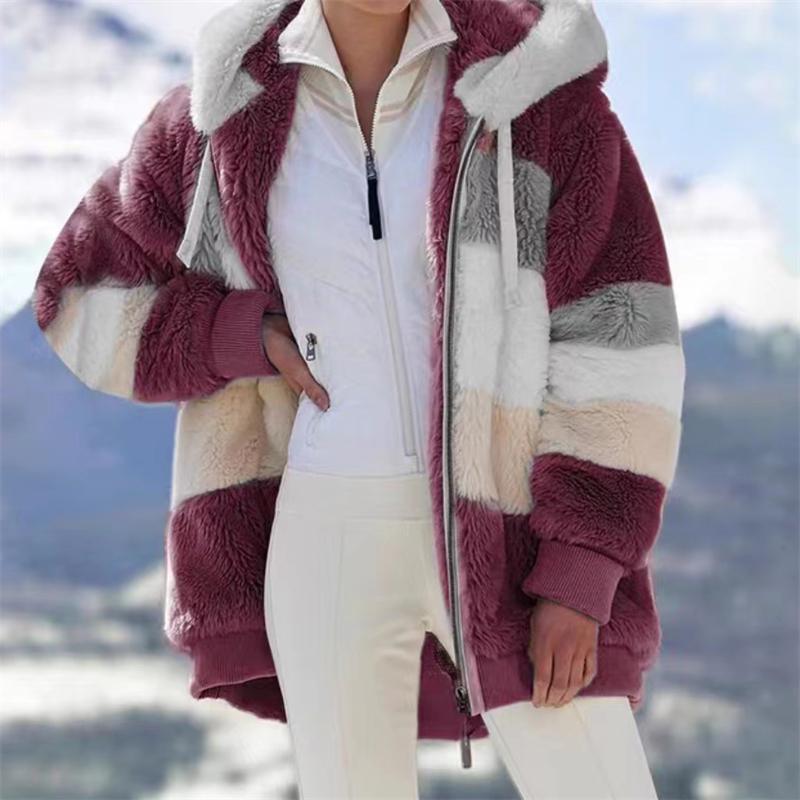 Winter Fashion Coat Ladies Warm Zipper Loose Hooded Coat Patchwork Design Large Size Thickened Outwear
