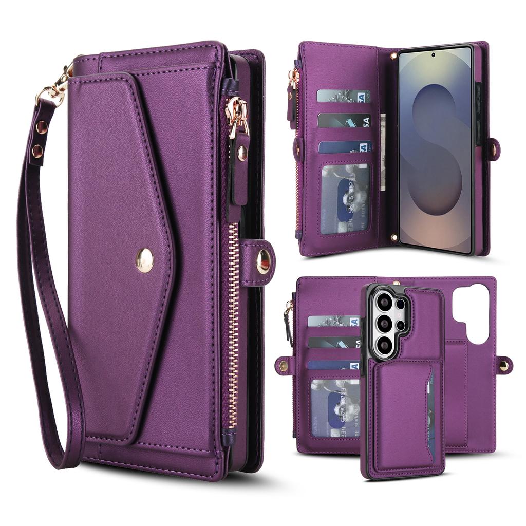Portafoglio con Slot per Carte Magnetiche e Zip 2 in 1 Custodia in Pelle per Samsung S26 Ultra Edge S25 Plus S24 FE A56 A36 A16 Cover a Tracolla