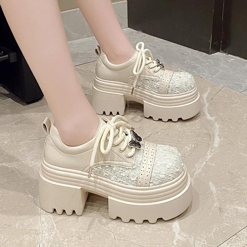 Fashion 9.5CM Spring Women Bling High Heels New 2025 Platform Casual Walking Shoes Non-slip Wedges Leather Chunky Sneakers Lace-up Pumps