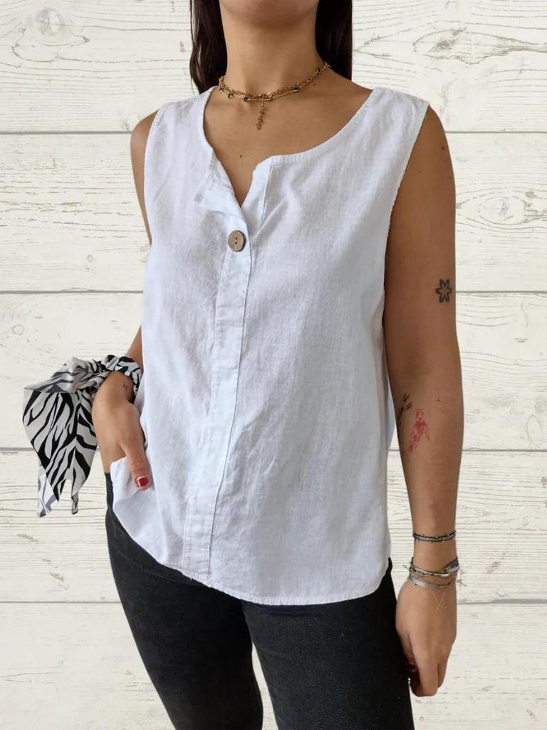 Summer Loose Vest Shirt Ladies V-Neck Cotton and Linen Button Tops Women