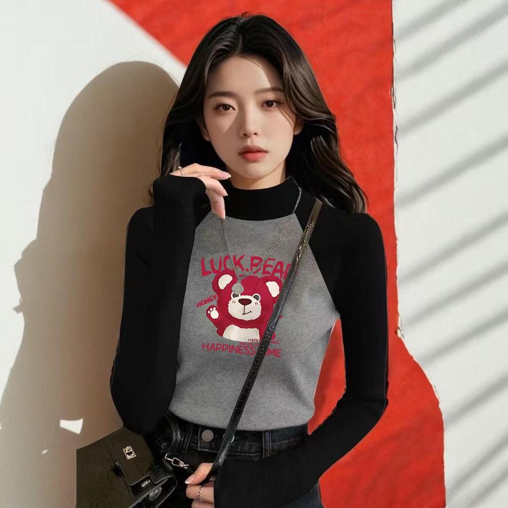 Women's Chic Velvet Raglan Color Block Slimming Long Sleeve Stand-up Collar T-Shirt