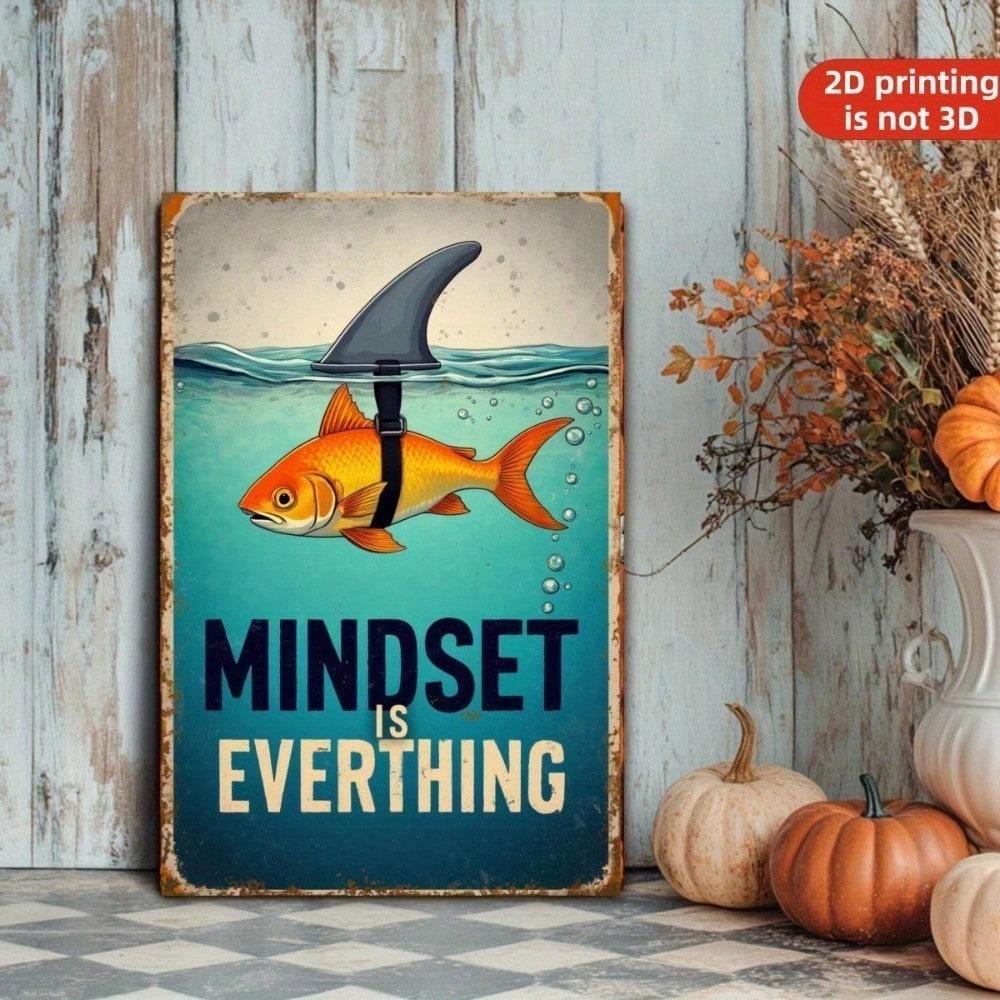 Vintage Goldfish Shark Fin Mindset Metal Sign Motivational Tin Wall Art Home Office Decor