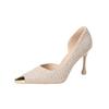 1366-1 European and American Pointed-toed Woven High Heels Women's Thin Heels New French Sexy Metal Toe Head Shallow Mouth Single Shoes