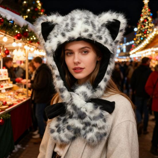 Winter Hat with Ear Flap Scarf Cartoon Deer Design Thickened Plush Ear Protection Hat Skiing Camping Travel Headwear