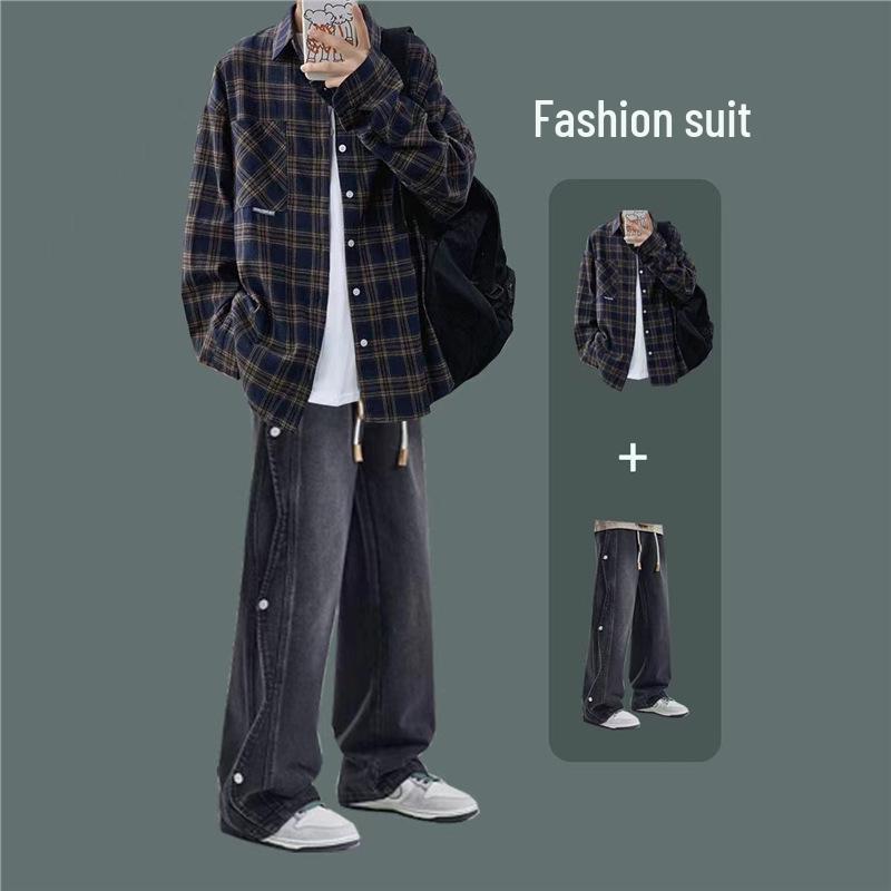 Men's Hong Kong Style Plaid Shirt Autumn Set - High-End Teen Cool & Handsome Outfit
