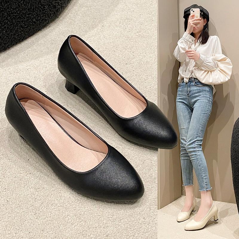 Women Classic Black Pu Leather High Quality Heel Shoes Sapatos Femininas Lady Fashion Beige Comfort European Stylish Pumps