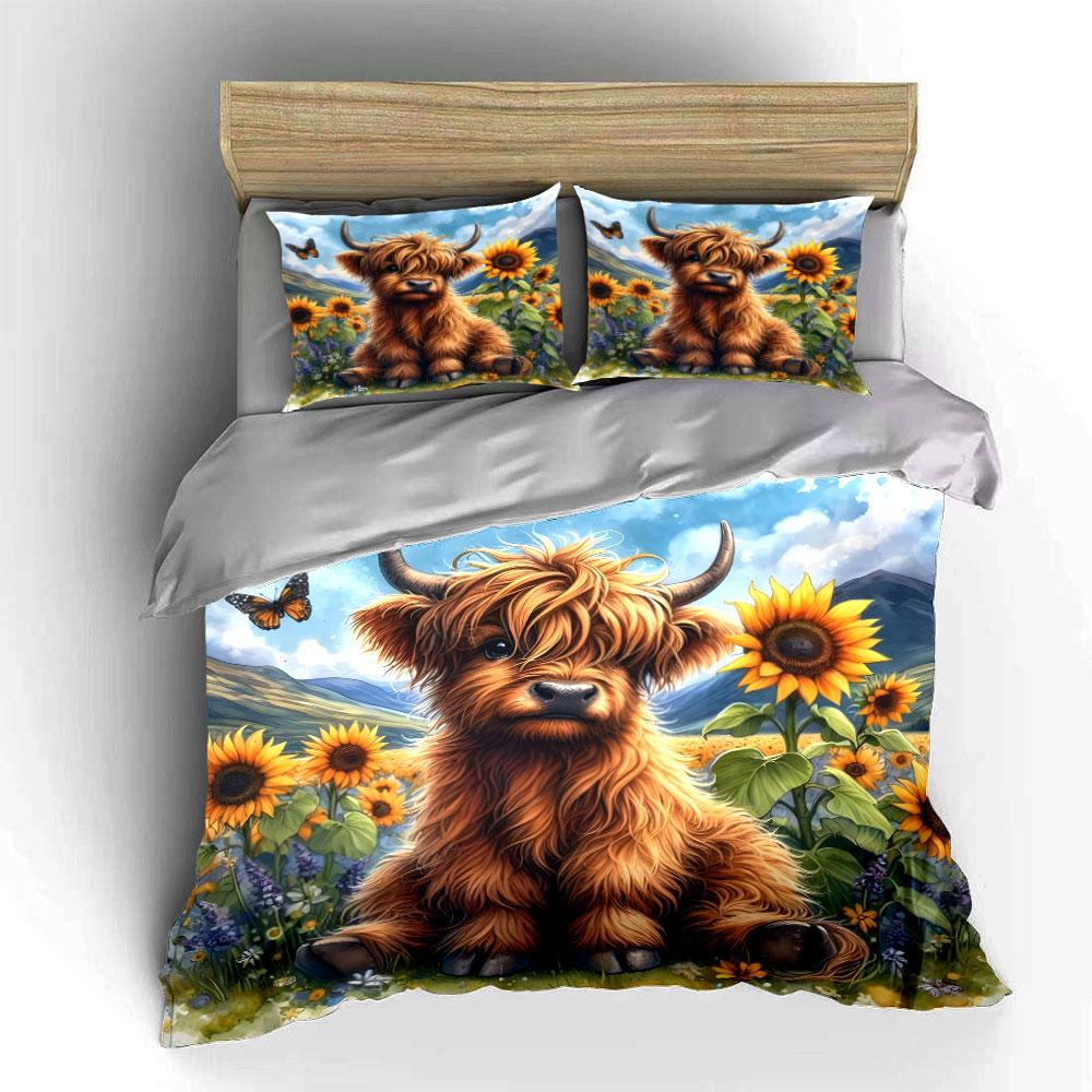 "Highland Cow and Sunflowers" Bedding Duvet Cover Set Duvet Cover Pillowcases (1 * Duvet Cover 2 * Pillowcases, without duvet insert)