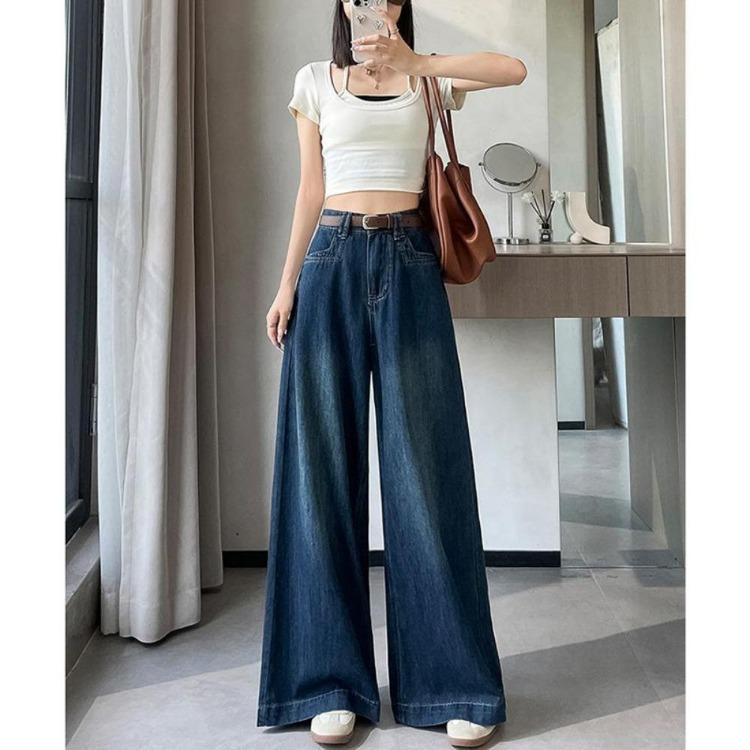Trend Street Women Wide Leg Jeans High Waisted Loose Spring Autumn Floor Length Thin Trousers New Versatile Fashion Tide