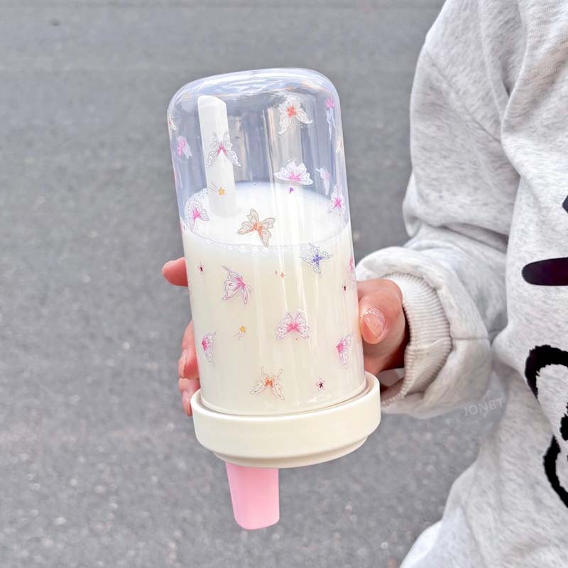 Bouteille d'eau en plastique Kawaii avec nœud de 500 ml avec paille, tasse d'eau pour thé aux bulles d'été pour femmes, étudiants, tasse à café, thé au lait aux perles, tasse à jus