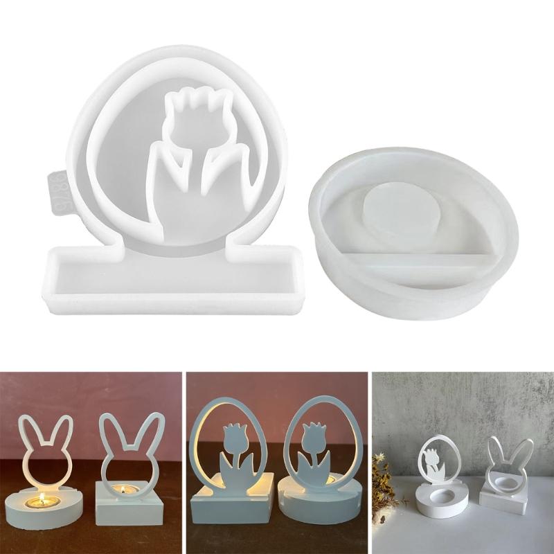 Easter Rabbit Candle Holder Mold for Candle Tealight Holder Decorations Gypsum Ornament, Hollow Flower Resin Mold
