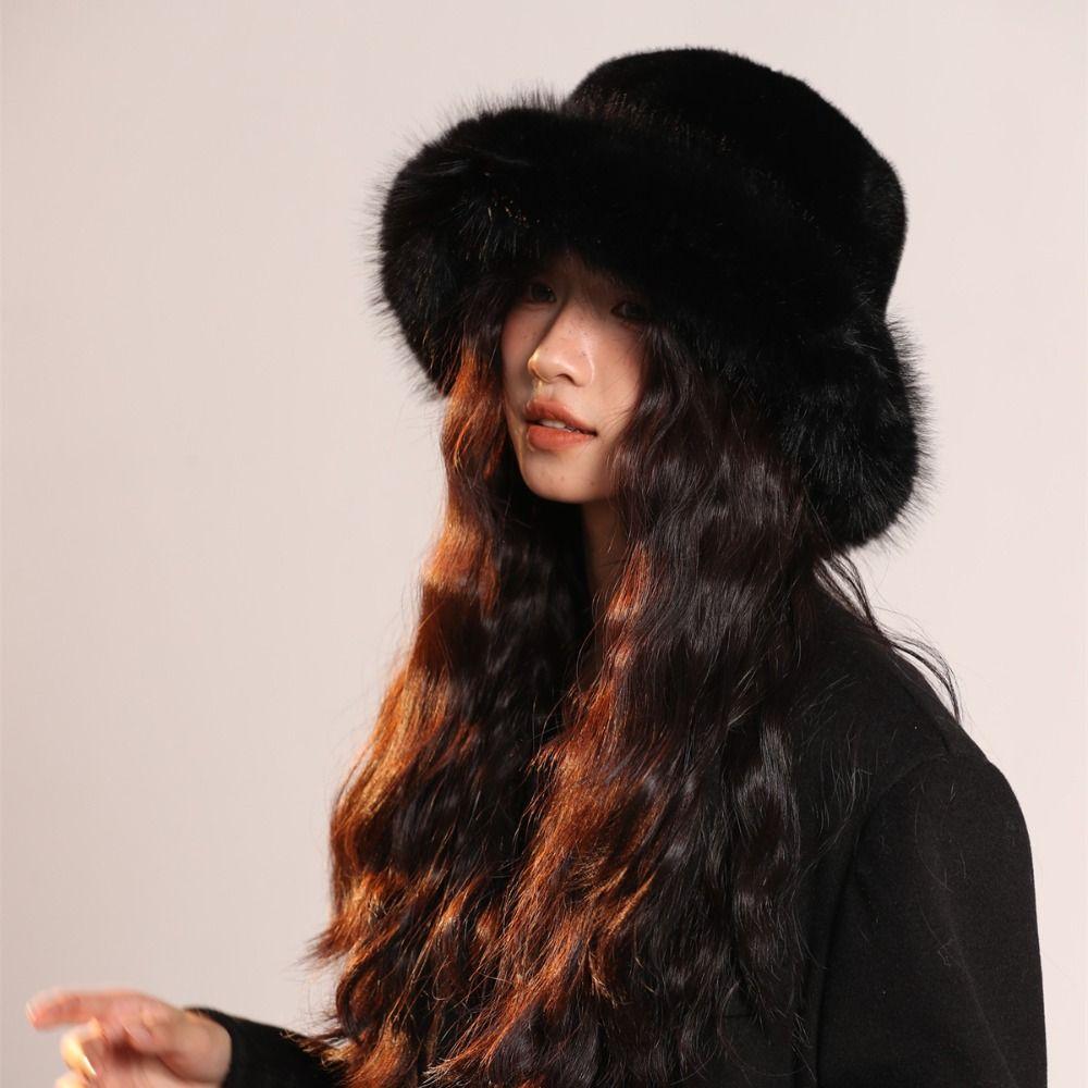 Imitation Fur Plush Bucket Hat Warm Winter Cap Retro Artificial Fur Hat  Winter/Autumn