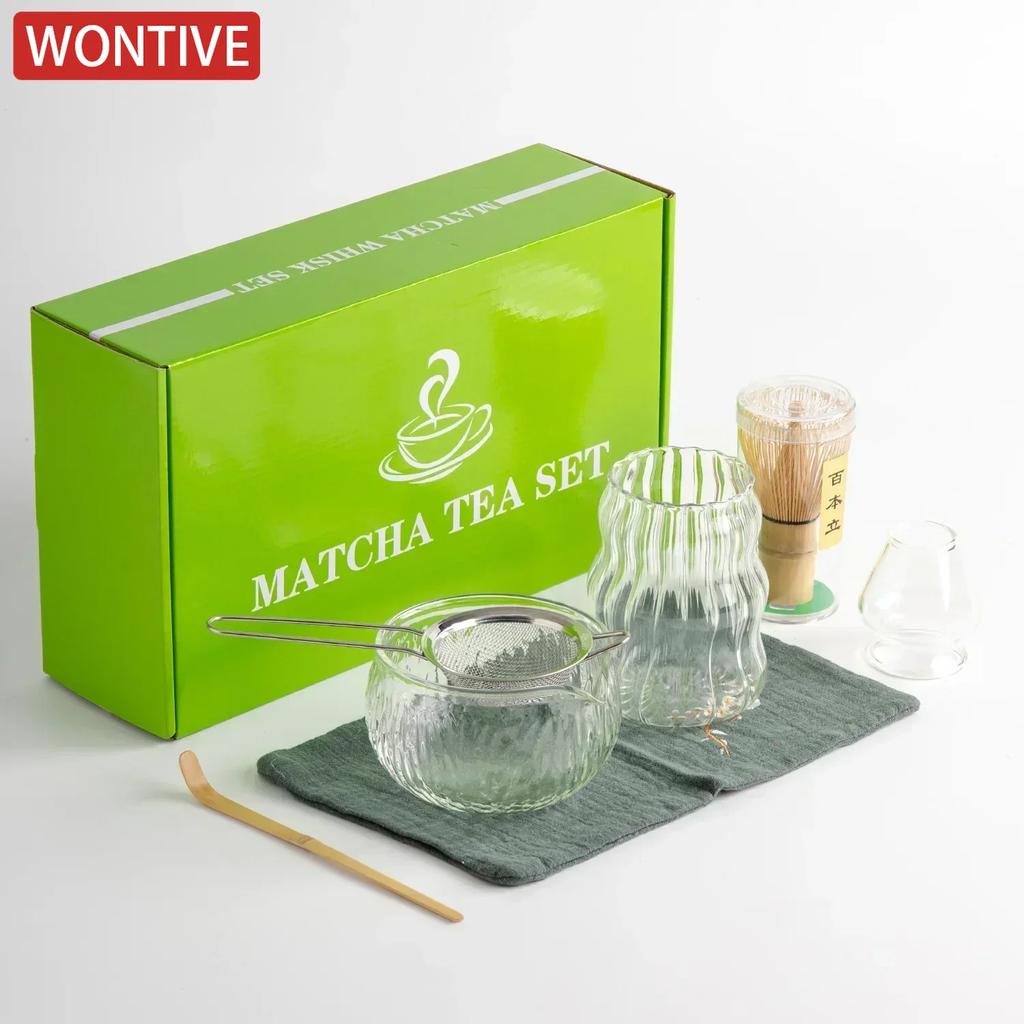 7Pcs Matcha Whisk Set Clear Glass Japanese Matcha Tea Set Matcha Making Kit with MatchaBowl MatchaCup MatchaWhisk