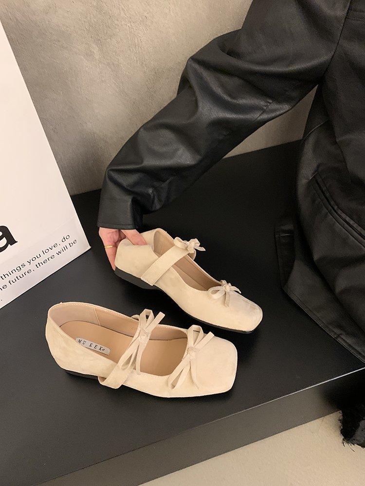 Gentle Bow Ballet Shoes with One Word French Inner Height Increase Mary Jane Shoes Women's Spring and Autumn Suede Platform Single Shoes