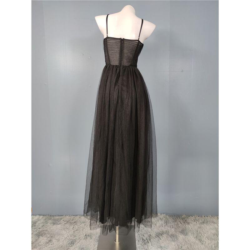 Foreign Trade Order Lu's Sling Personalized Fashion Banquet Party Mesh Temperament Slimming Big Hemline Split Black Dress