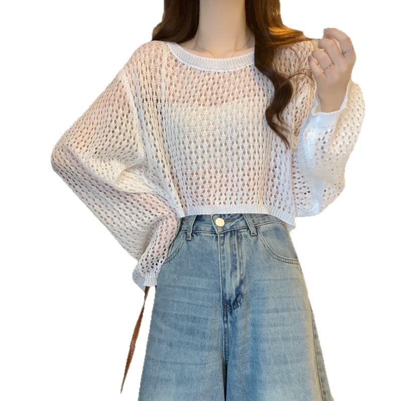 Loose lantern sleeves short hollow blouse women's summer tulle mesh candy color sweet round neck long-sleeved knitted sweater