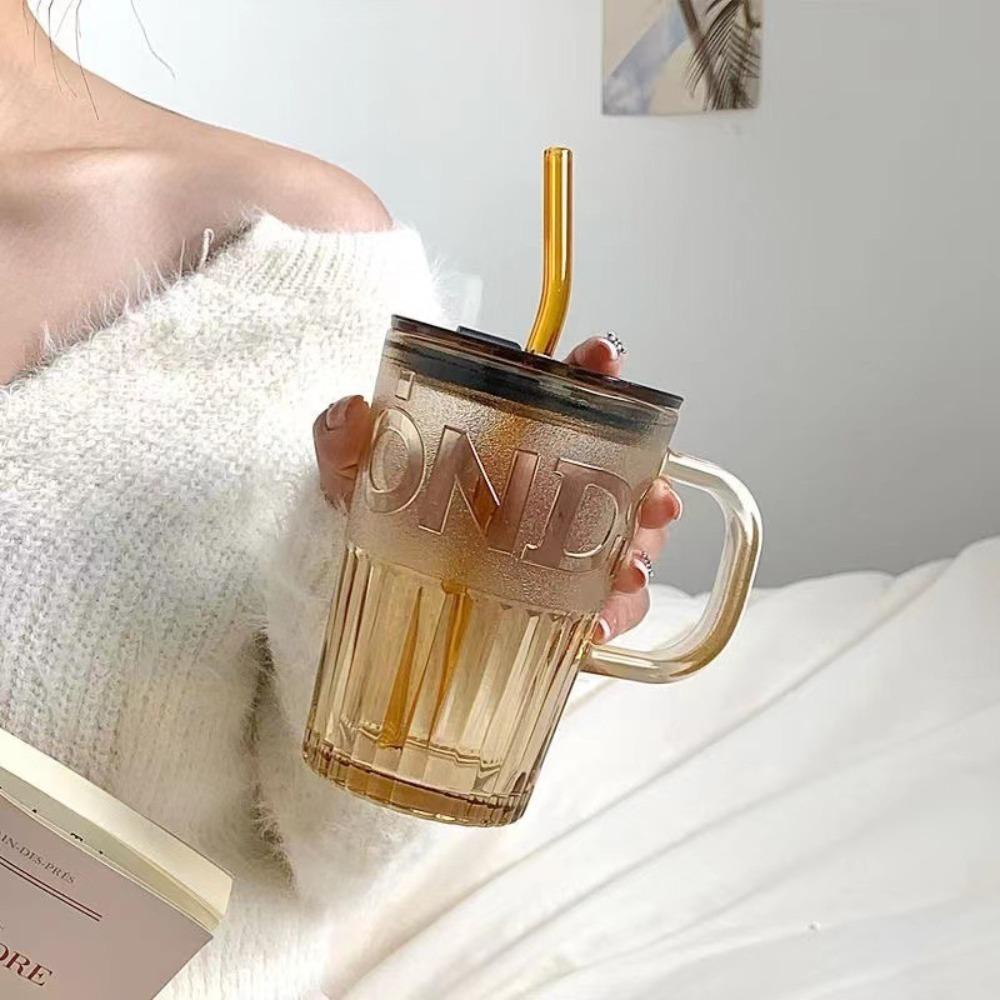 

400ml Thick Glass Tumbler With Lid And Straw Glass Mug New Mocha Cup