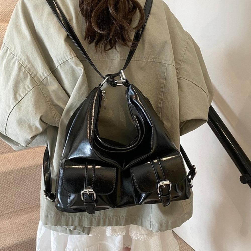 Solid Color Multiple Pockets Backpacks Y2K Style Women's Backpack PU Leather Crosbody Bag Outdoor