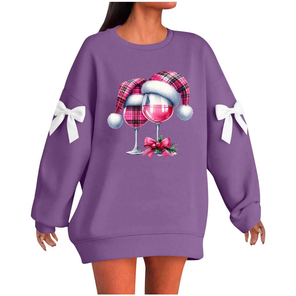 Ladies' Christmas Printed Bow Round Neck Long Sleeved Loose Pullover Sweater Sweatshirt Top