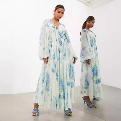 Women's Printed Chiffon Dress V -neck Derived Visual Folds Retracted Waist Drawing Long Sleeves
