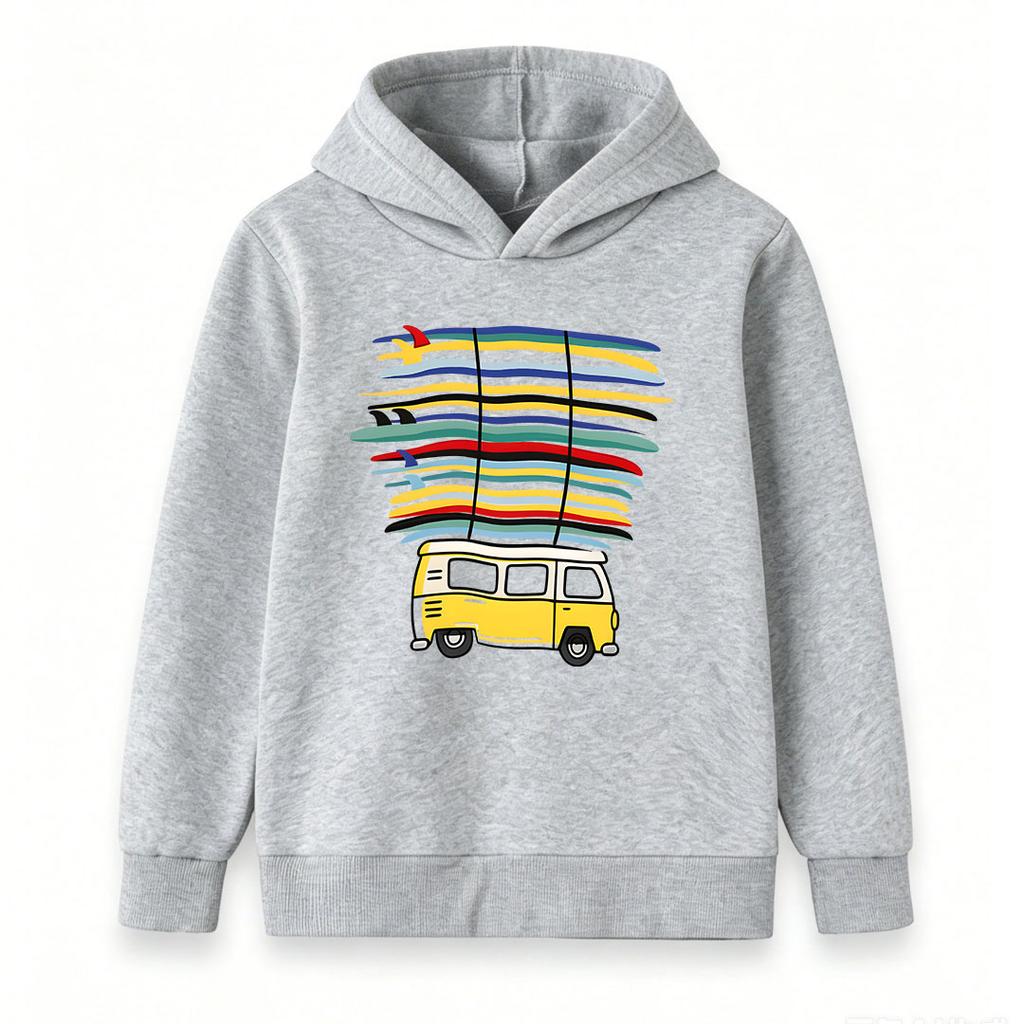 Kids Boys Girls Pullover Hoodie, Retro Van Surfboard Print Casual Long Sleeve Hooded Sweatshirt, Soft Comfortable Tops for Surfing Lovers Daily Outdoo