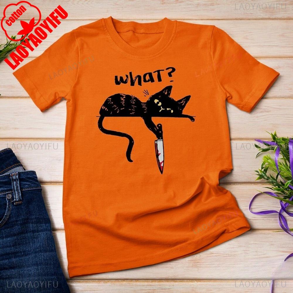 Черный Кот с Ножом Убийца Смешная Унисекс Футболка Креативный Принт Дизайн Футболка Мужчины Женщины Повседневная Летняя С Коротким Рукавом S