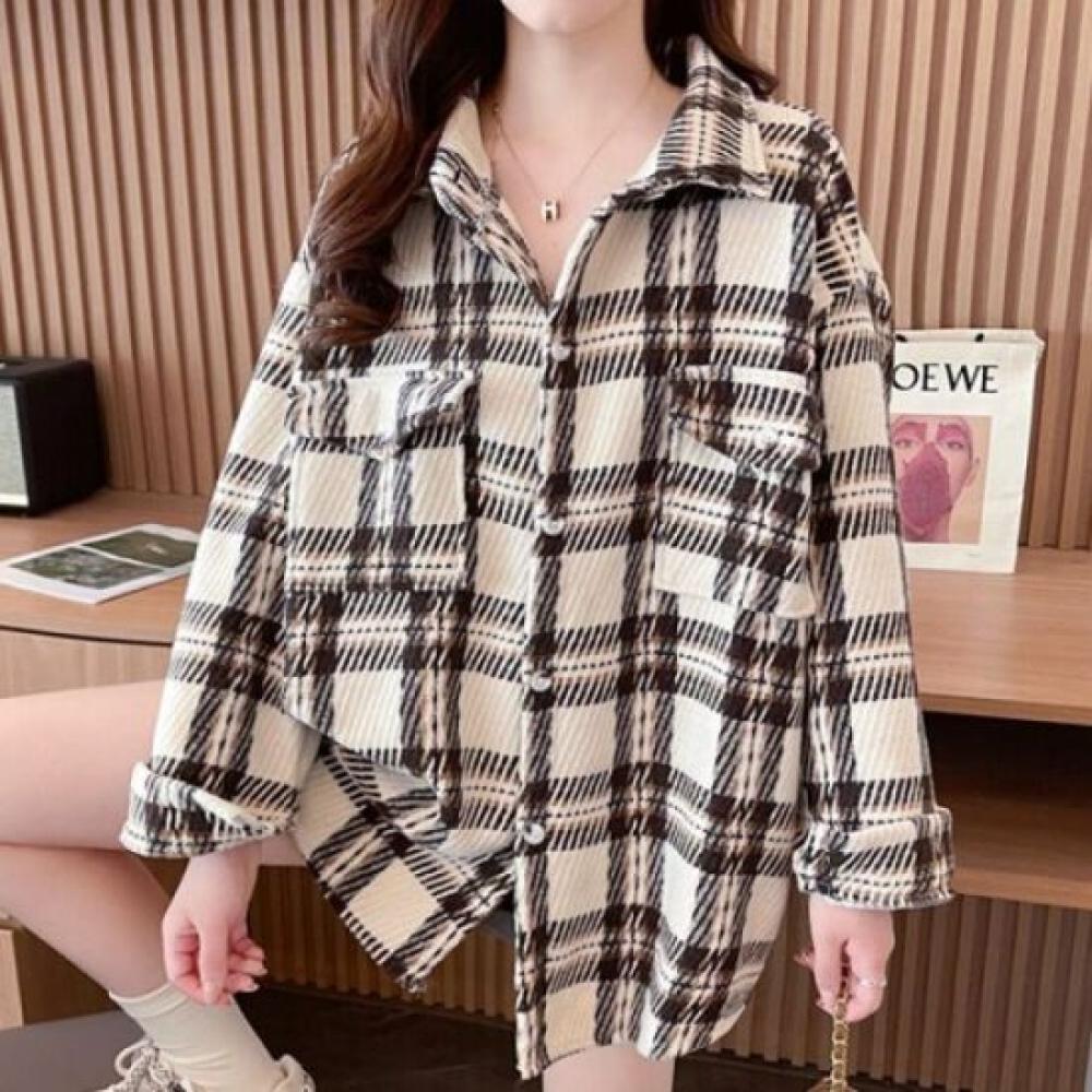 Navava Women Corduroy Check Long Sleeve Shirt Nb2979