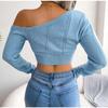 Women's Autumn and Winter Fashion Casual Sexy Hollow Out Strapless Long Sleeve Short Neckless Knitwear Sweater