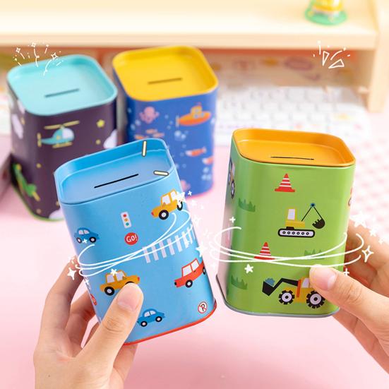 Square Tinplate Piggy Bank Cartoon Coin Cash Storage Jar Container Children Money Saving Box Decoration Boys Girls Gift