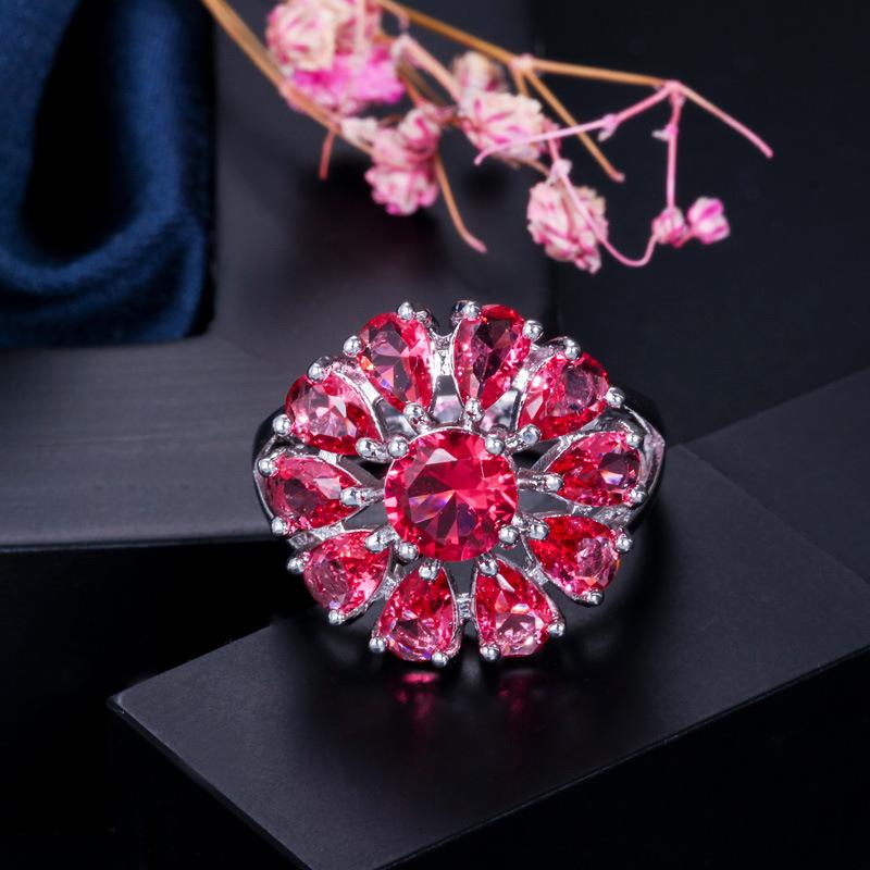 J0103 Atmospheric Exquisite Flower Women'S Hand Jewelry Aaa Zircon Ring Multi-Color Optional