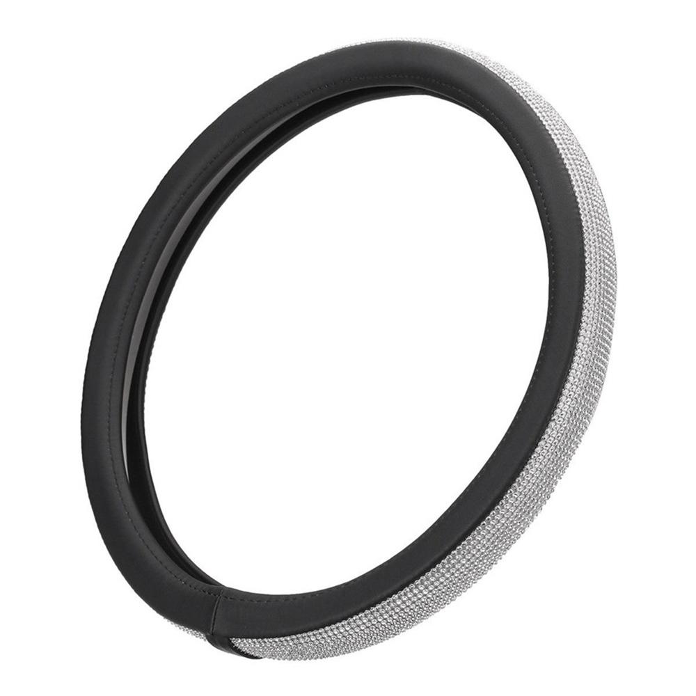 15" 38cm Bling Rhinestone Car Interior Steering Wheel Cover Black PU Leather