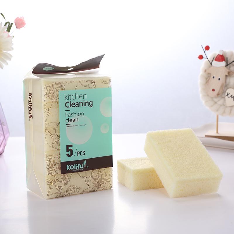 5-Piece High-Quality Double-Sided Dishwashing Sponges & Scouring Pads for Dish and Pot Scrubbing, English Packaging.