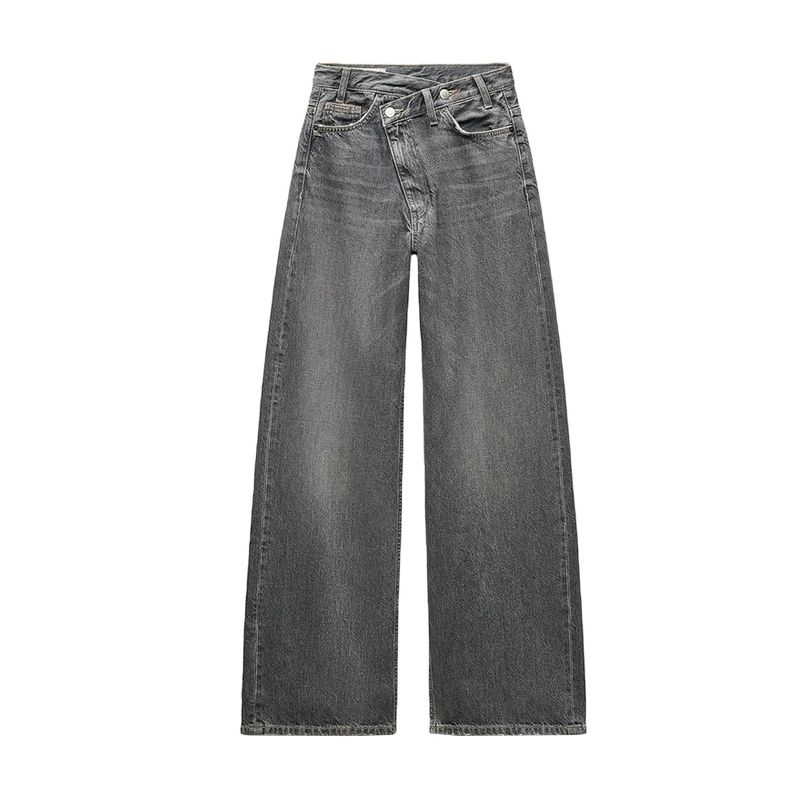 Spring New Women's Clothing French Asymmetric Design Cotton Double Breasted Mid Waist Wide Leg Denim 6045036