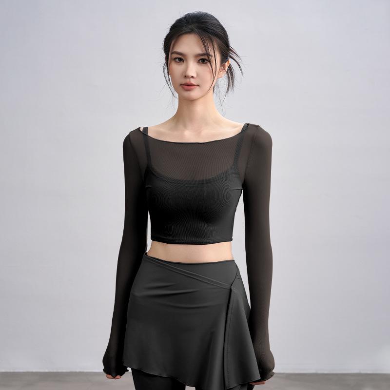 

Женский осенне-зимний топ для йоги с нагрудной подушечкой и сетчатыми длинными рукавами - Дизайн «два в одном» для пилатеса и фитнеса L [Recommended for 57.5-65 kg]