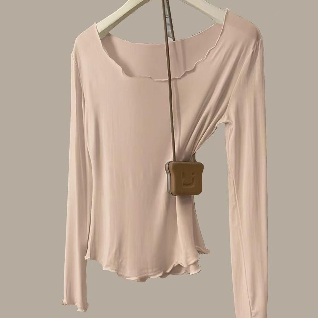 Women's Autumn Modal Ribbed Top: Round Neck, Long Sleeve, Rolled Hem, Base Layer T-Shirt