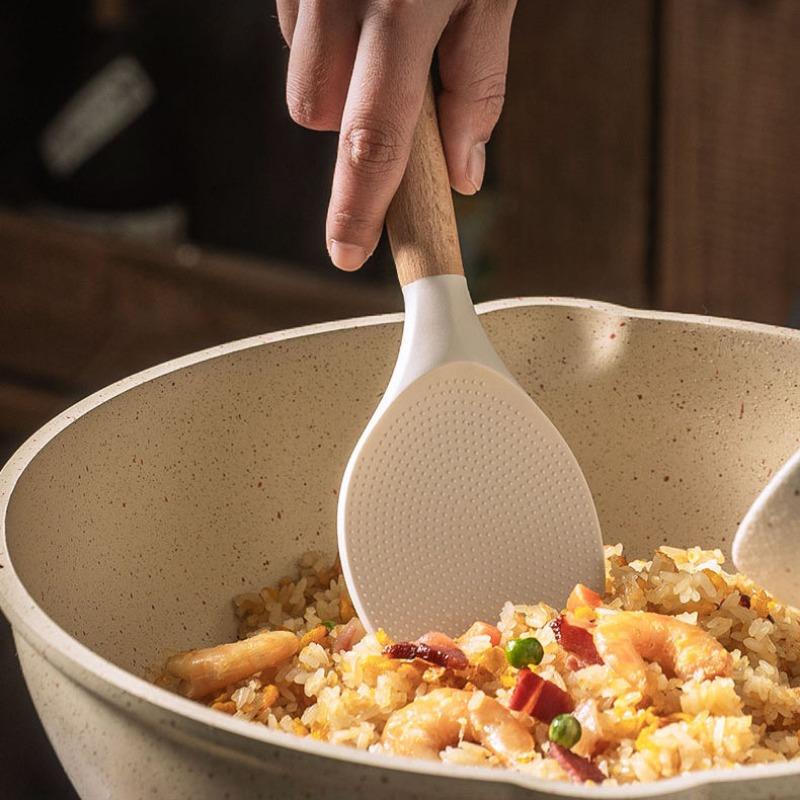 High Temperature Resistance Silicone Rice Scoop Anti-scald Wood Handle Spoons Kitchen Tools Non-stick  Easy To Clean Spoon